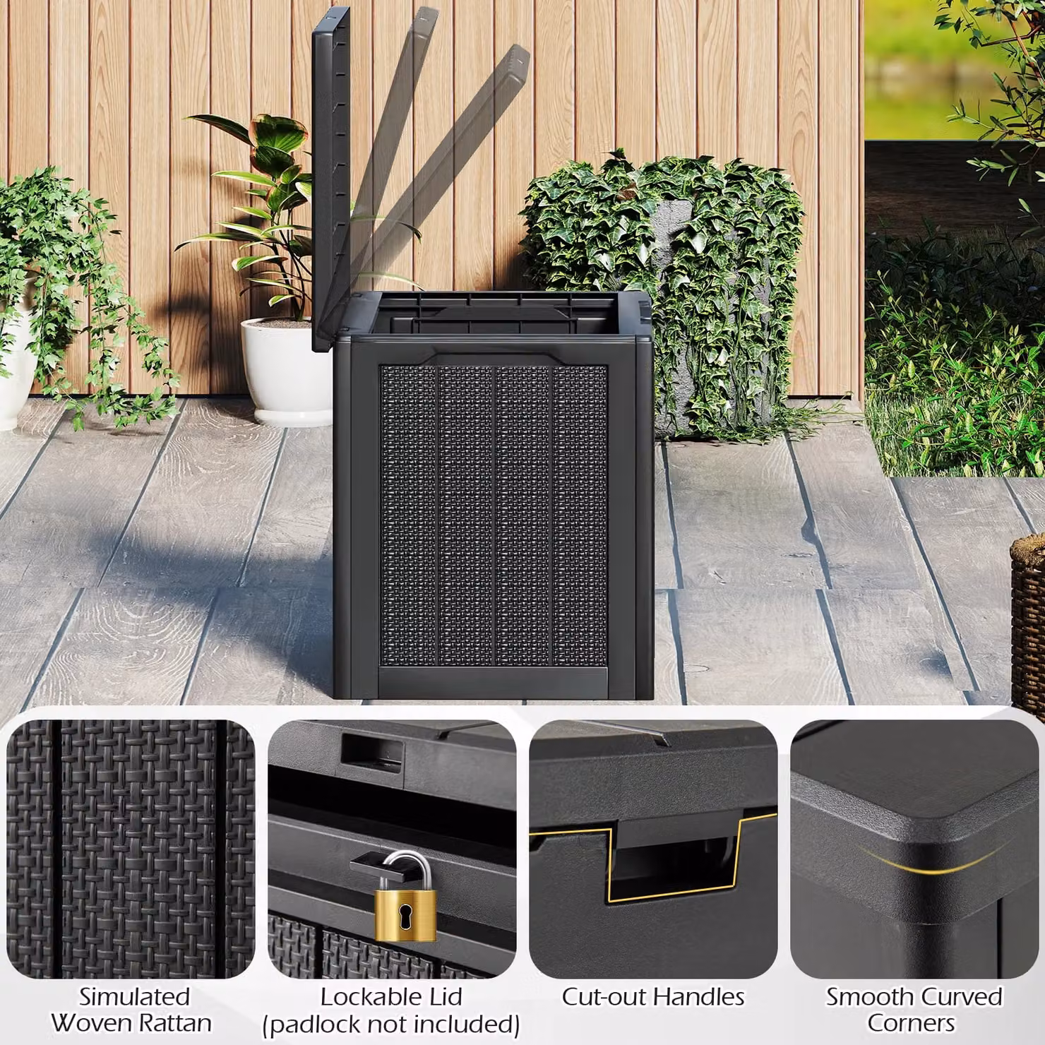 Costway 96L Outdoor Storage Deck Box with Lockable Lid in Black – 9