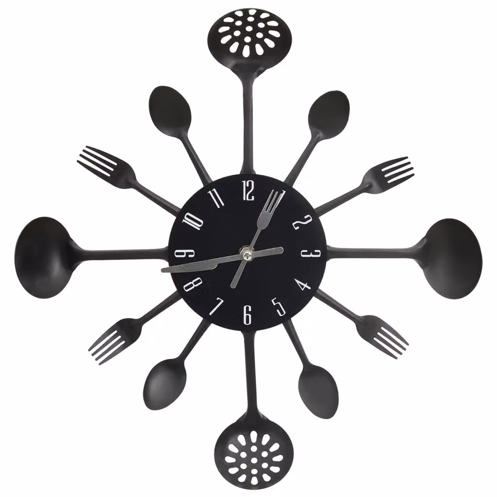 Berkfield Home Round Analog Wall Clock with Spoon and Fork Design in Black Metal, Diameter: 40 cm – 2