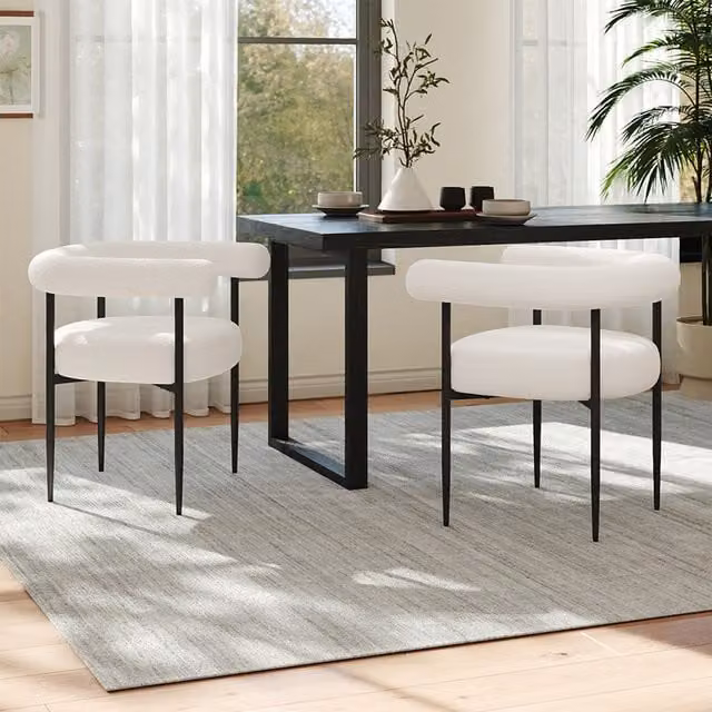 Livingandhome Set of 2 Modern White Fabric Upholstered Dining Chairs with Armrests