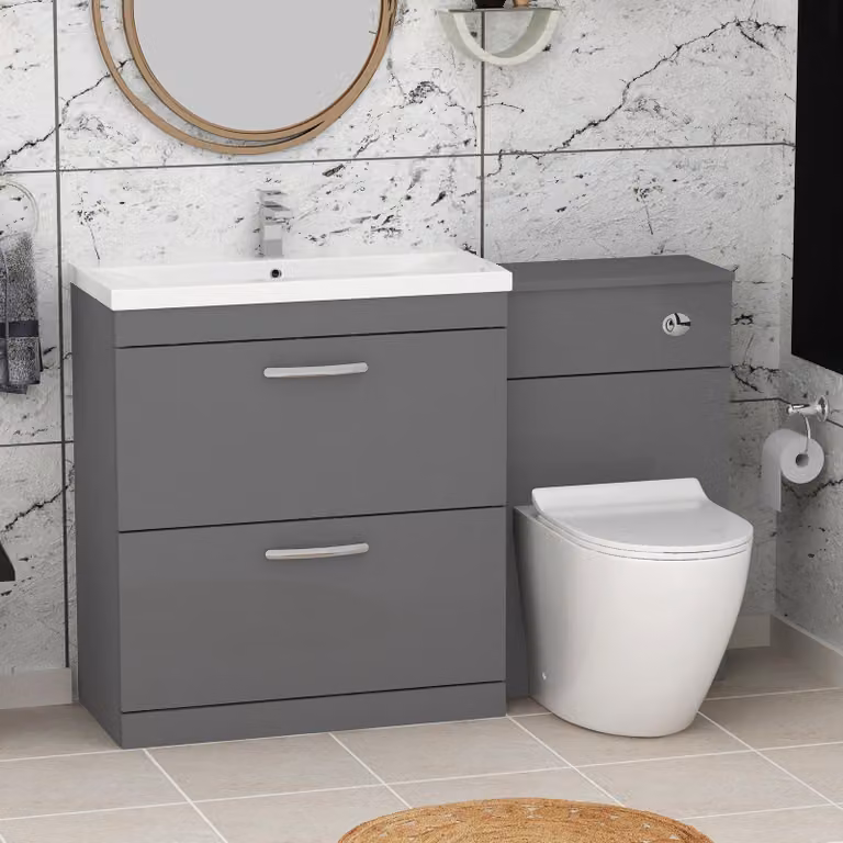 Royal Bathrooms Indigo Grey Gloss 2 Drawer Furniture Pack with Mid Edge Basin and Slim Elva Back to Wall Toilet, W: 130 cm