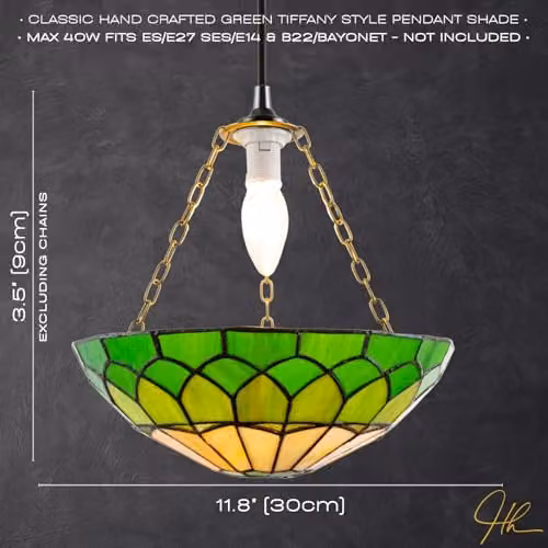 Happy Homewares Amber and Green Stained Glass Domed Tiffany Pendant Lamp Shade with Antique Brass Chain, W: 30 cm, H: 9 cm – 3
