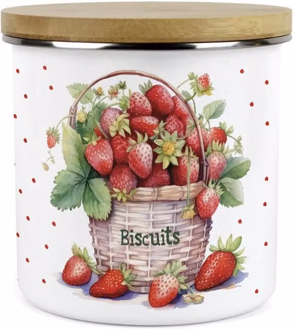Purely Home Strawberry Basket Large Kitchen Storage Canister in White Enamel Metal with Dotted Design