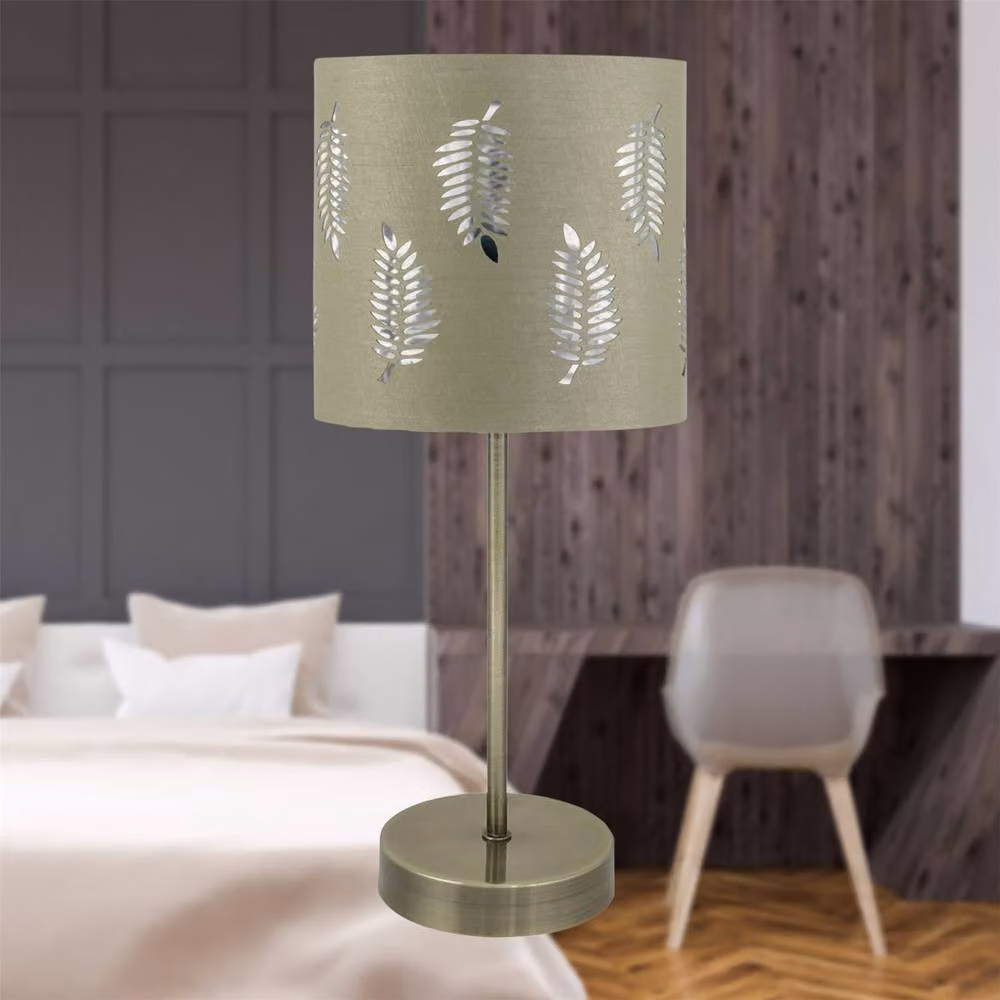 First Choice Lighting Antique Brass Stick Table Lamp with Green Fabric Shade – 3