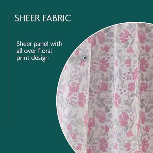 Tyrone Textiles Mia Pink Floral Sheer Voile Rod Pocket Curtain Panels, Pair, Width: 140 cm, Drop: 122 cm – 2