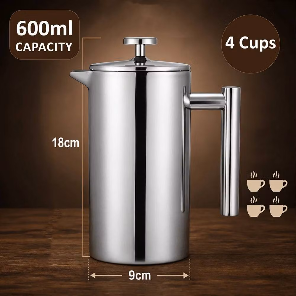 EONLION Stainless Steel French Press Coffee and Tea Filter Maker, Silver, 600ml – 2