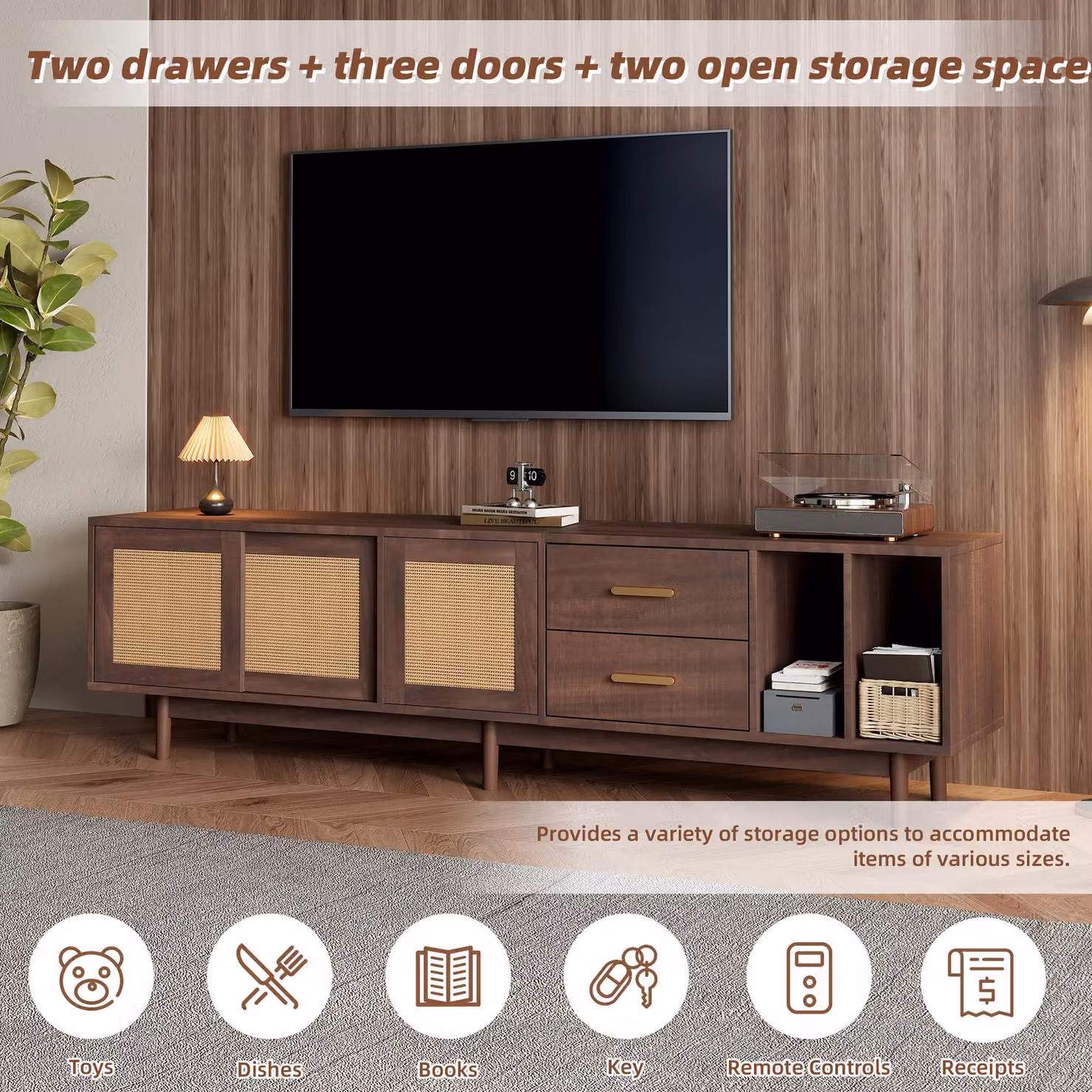 Aosom UK Modern Wood TV Stand Cabinet with Rattan Sliding Doors and 2 Drawers, Brown, W: 190 cm, D: 40 cm, H: 52 cm – 4