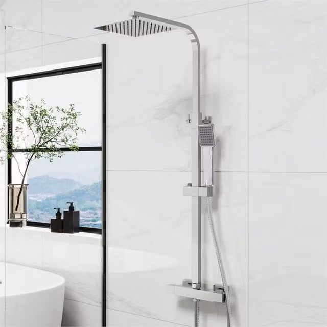 Nordara Large Square Thermostatic Shower Bar Set with Overhead Shower and Wall Bar in Chrome Silver