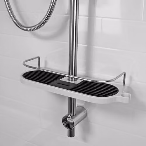 Showerdrape Adjustable Tension Rod Bathroom Shower Shelf Caddy Organiser in Black or White – 1