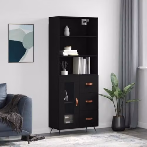vidaXL Modern Black Highboard with Glass Doors and Internal Shelves, W/D/H: 69.5 x 34 x 180 cm – 2