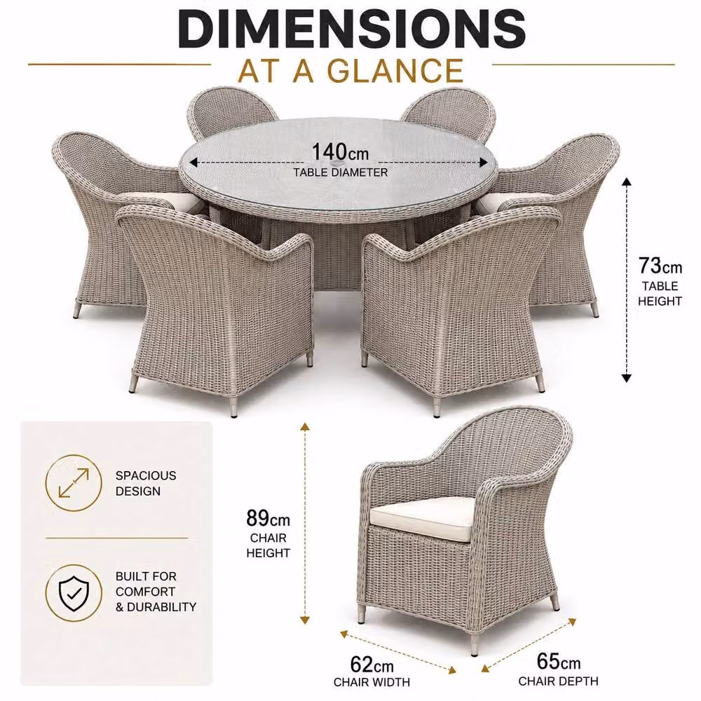 Shatchi Sorrento 6-Seater Rattan Dining Set, Round Polyrattan Garden Table and Chairs in Grey, W/D/H: 140 x 140 x 73 cm – 4