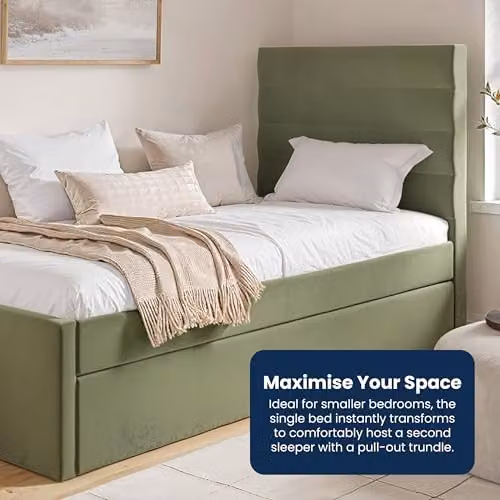 Flair Ari Upholstered Single Bed with Trundle in Green Velvet and Beige Bouclé, W/D/H: 90 x 190 cm – 3