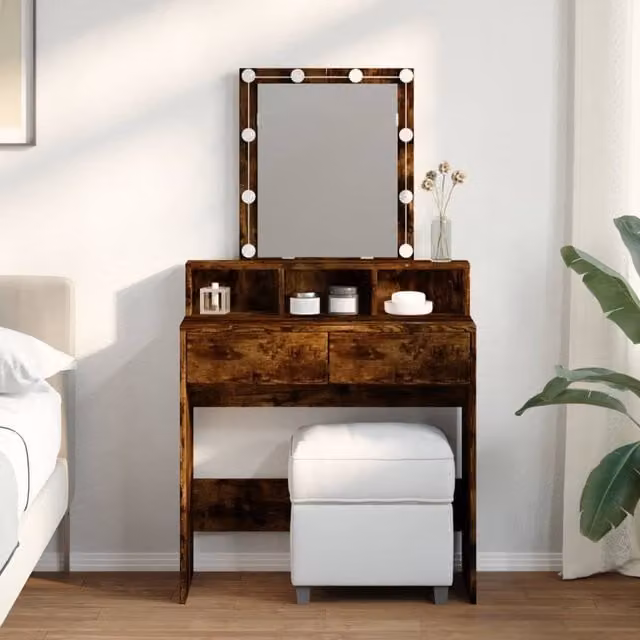 Berkfield Home Hollywood LED Dressing Table in Smoked Oak Brown, W: 80 cm, D: 41 cm, H: 144.5 cm
