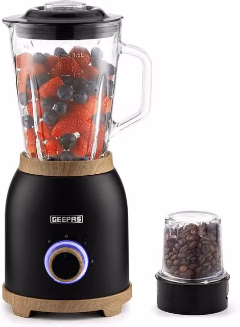 Geepas NordiQ 2-in-1 Food Jug Blender and Mini Grinder, 800W, 1.5L Glass Jar, Black