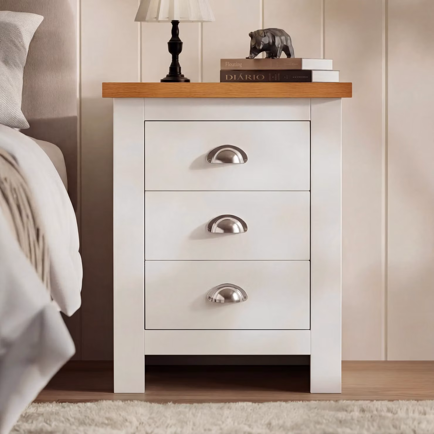 DHS 3 Drawer Shaker Style Bedside Table with Oak Top in White, W/D/H: 45 x 37 x 60 cm