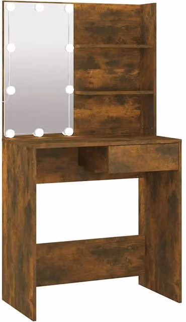 Berkfield Home Dressing Table with Hollywood LED in Smoked Oak Brown, W: 74.5 cm, D: 40 cm, H: 141 cm