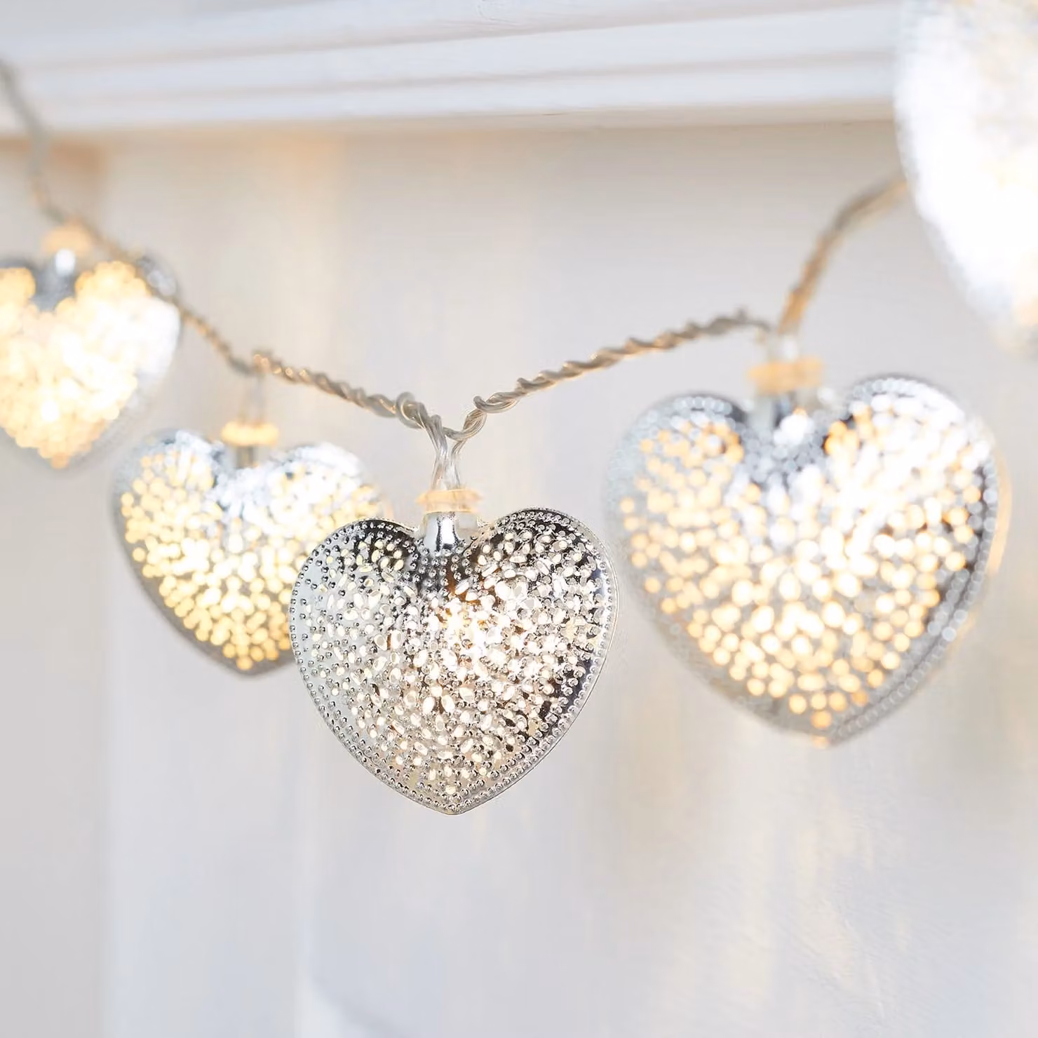 Lights4fun 20 Silver Filigree Heart Fairy Lights with Warm White LED and Timer