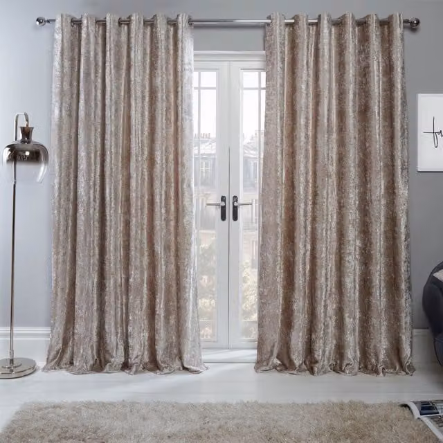 OHS Ready Made Eyelet Crushed Velvet Curtains, Beige, Width: 228 cm, Drop: 228 cm