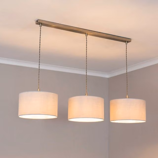ValueLights Reni 3 Drop Bar Ceiling Pendant Light in Brushed Chrome with Grey Fabric Shades and LED Bulbs
