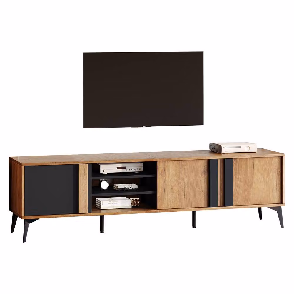 ModernLuxe Modern TV Cabinet with 3 Cabinets and 3 Open Shelves in Brown and Multicolour – 4