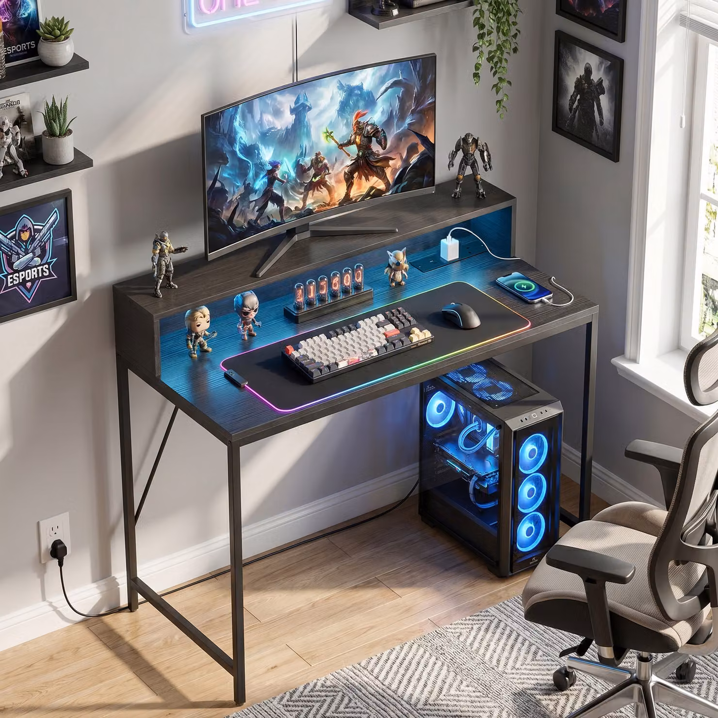 HOMCOM Black Wood-Effect Gaming Desk with LED Lights, Monitor Stand, Power Outlets and Remote, W: 100 cm – 2