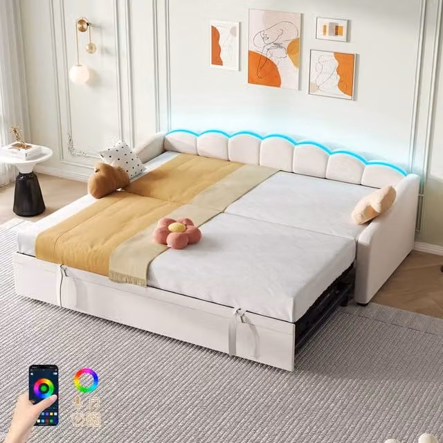 ModernLuxe Beige Velvet Upholstered Single Daybed with LED Under-Bed Lighting and Pull-Out Trundle Bed, W/D/H: 90 x 190 x 80 cm