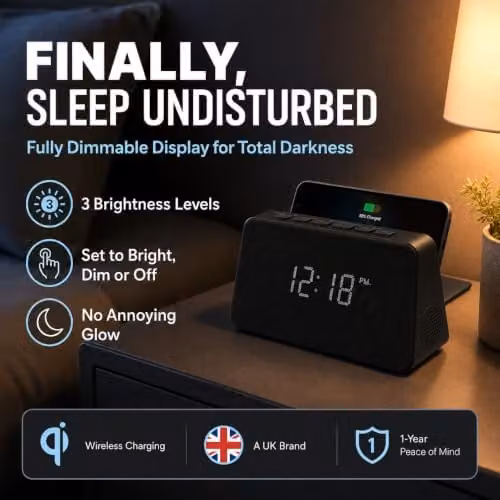 Grouptronics GTQ-RENEW Wireless Charging Alarm Clock Radio with FM Radio and USB Charging, Black with Black Cloth Screen – 3