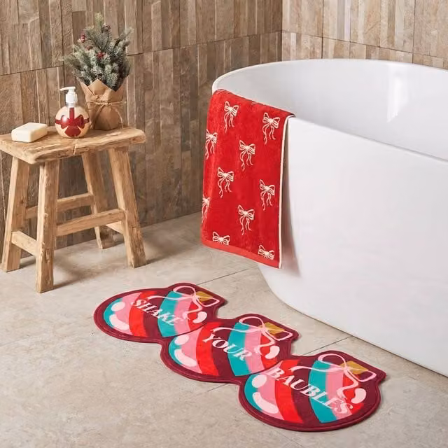 OHS Shake Your Baubles Novelty Christmas Non-Slip Bath Mat, Multicolour Oval Graphic Design