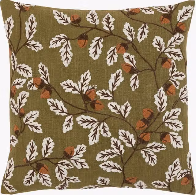 Perch & Parrow Green Autumnal Embroidered Acorn Square Cushion