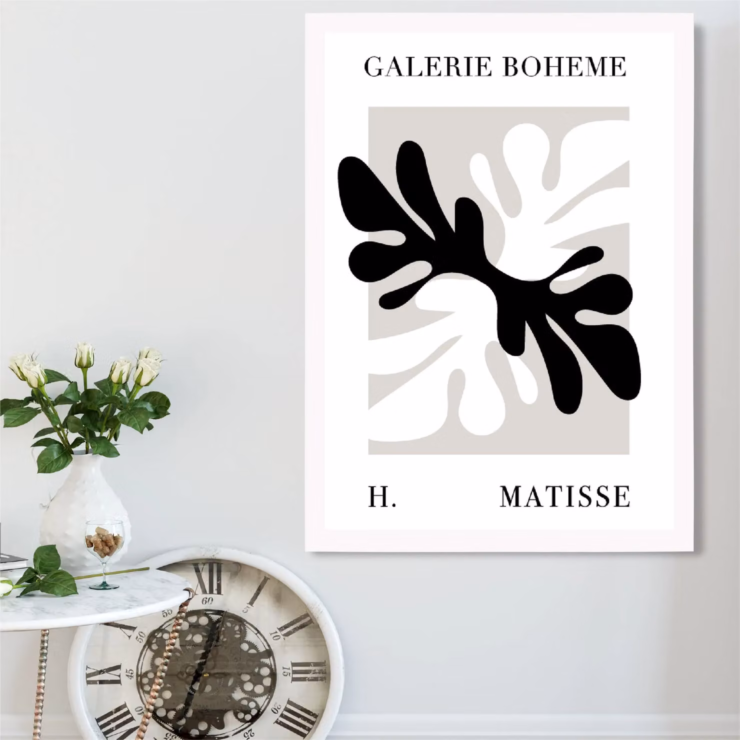 ARTZE Matisse Floral Cutout Bohemian Framed Print in Beige, Black and White, A3 – 2