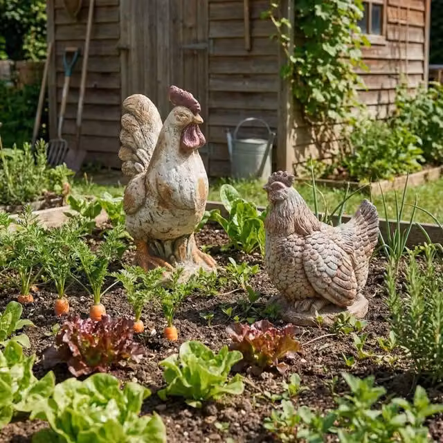 Wyld and Coco Beige Chicken Figurine Set of 2 Ceramic Rooster and Hen Garden Statues – 1