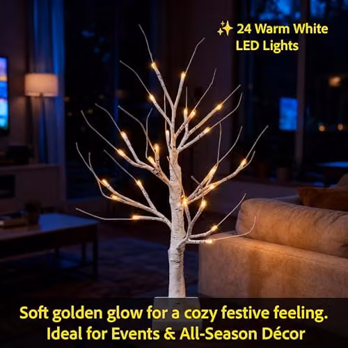 Shatchi White Twig Tree with 24 Warm White LEDs, H 60 cm x W 10 cm x D 10 cm – 4