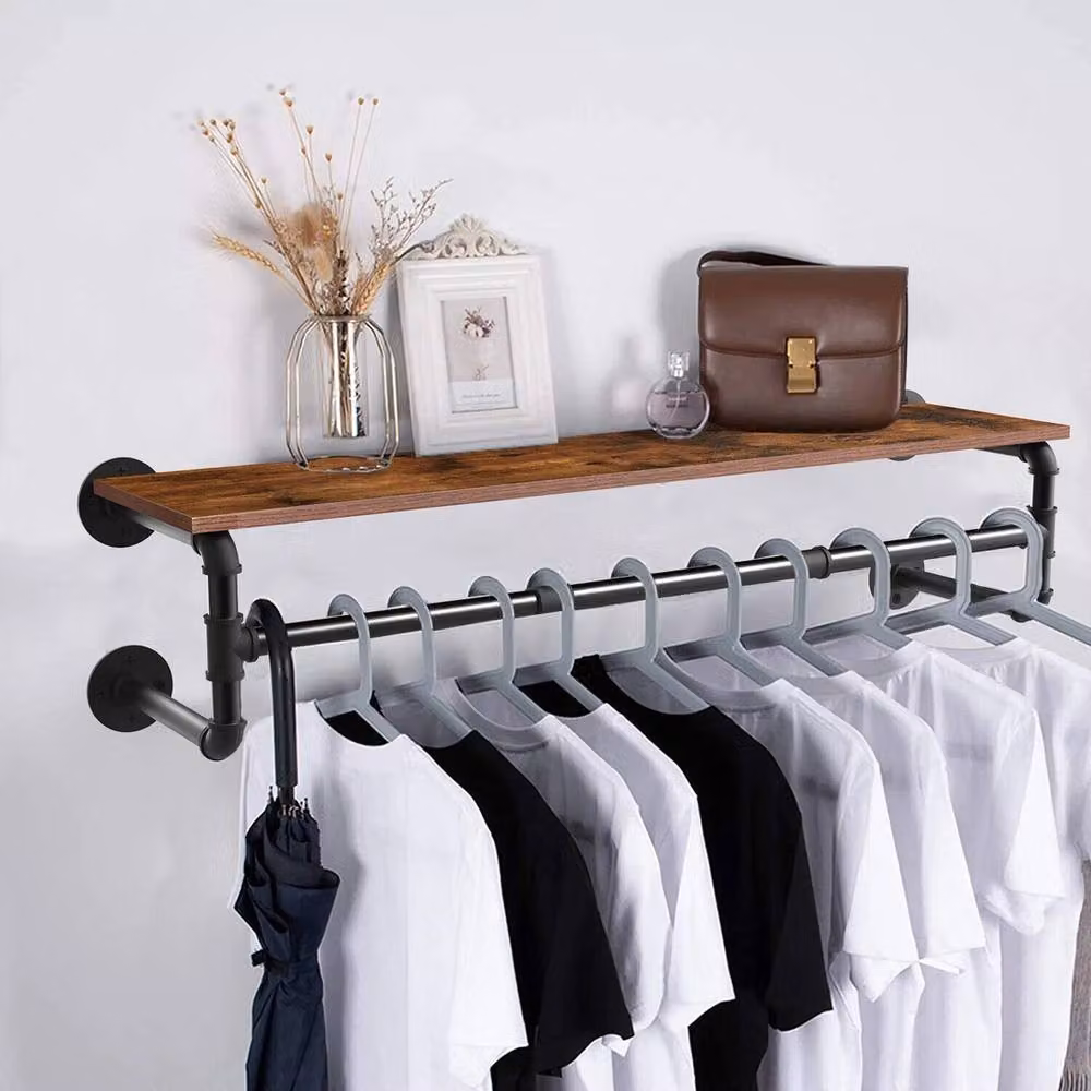 NESTLUNE Industrial Metal Wall Mounted Clothing Rack in Brown and Black, W: 100 cm, D: 15 cm – 3