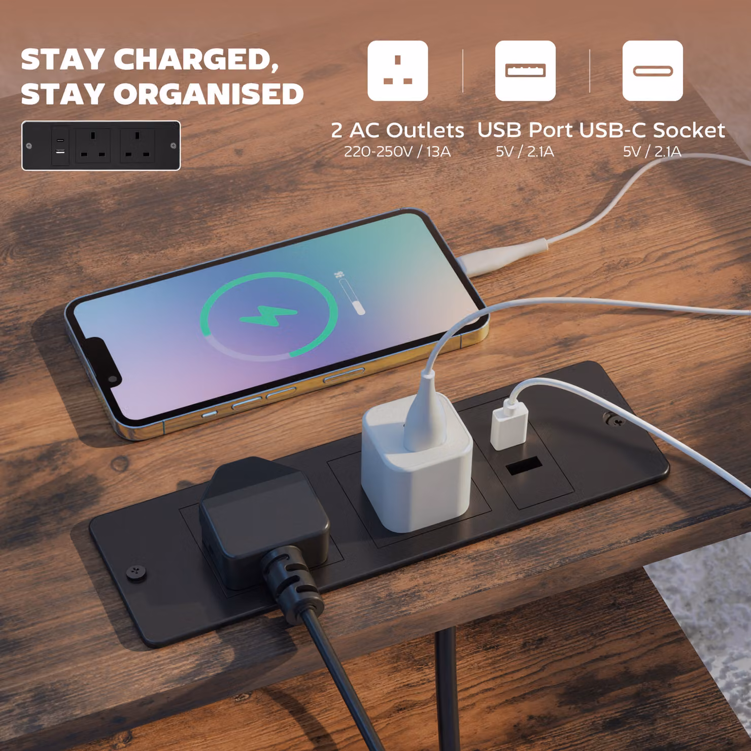 HOMCOM Industrial Bedside Table with Charging Station in Brown, W/D/H: 40 x 30 x 40 cm – 5