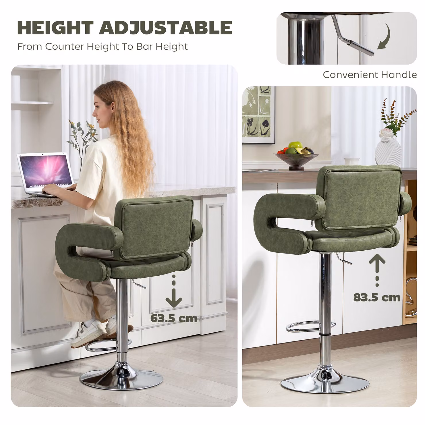 HOMCOM Green PU Leather Upholstered Swivel Bar Stool with Armrests and Footrest – 2