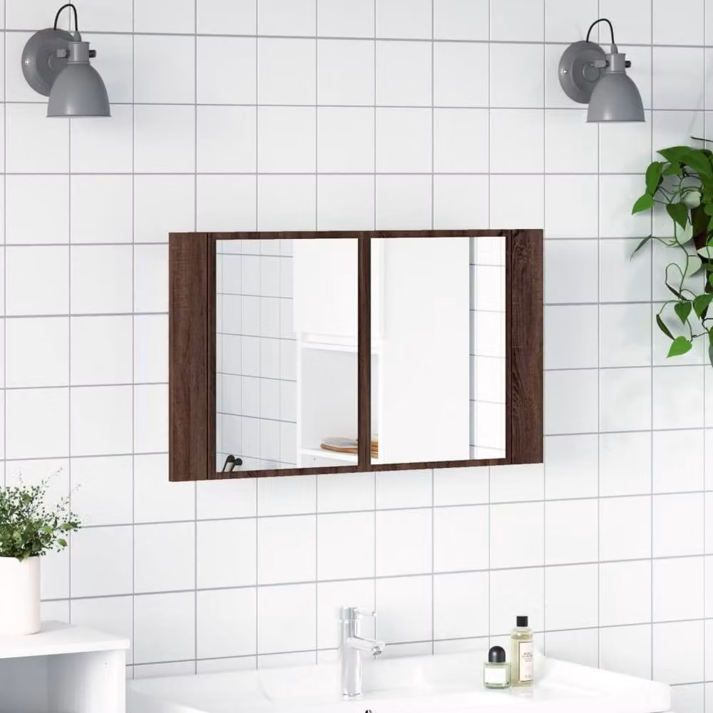 Berkfield Home LED Bathroom Mirror Cabinet in Brown Oak, W/D/H: 80 x 12 x 45 cm – 3