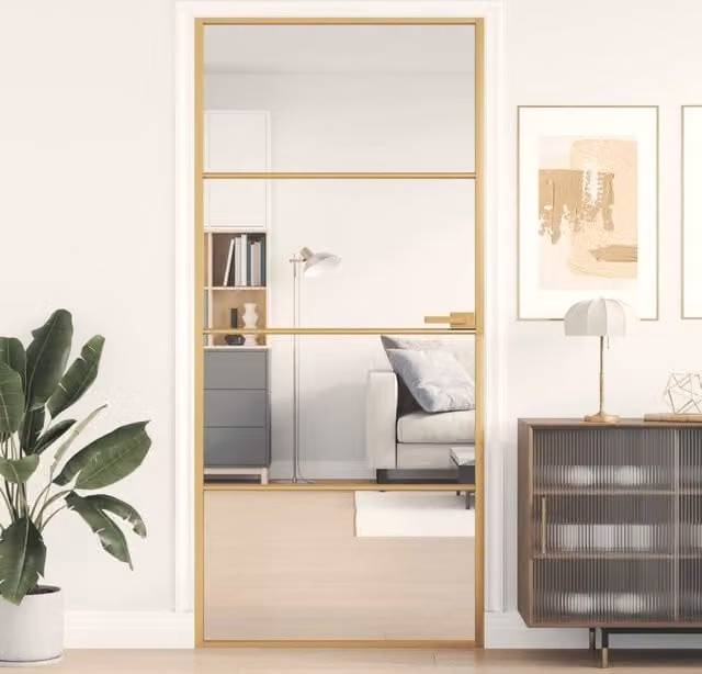 Berkfield Modern Slim Interior Door in Gold and Black with Tempered Glass and Aluminium, W: 93 cm, H: 201.5 cm