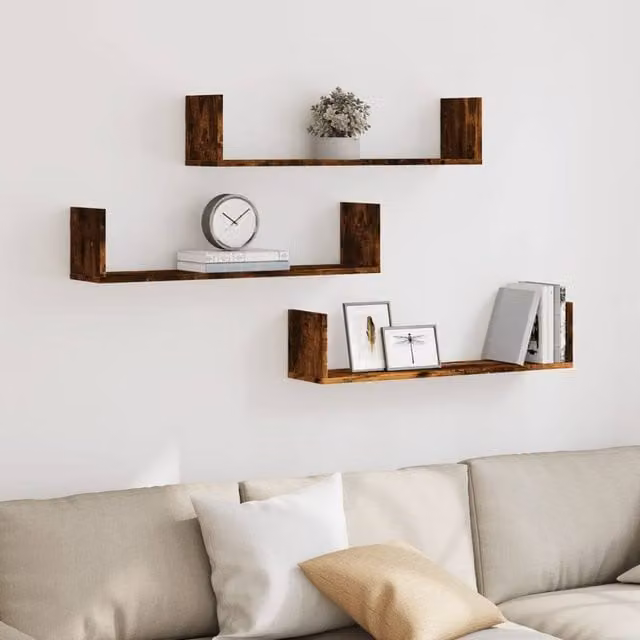 Berkfield Home Set of 3 Smoked Oak Wall Shelves in Brown, W/D/H: 80 x 18 x 18 cm