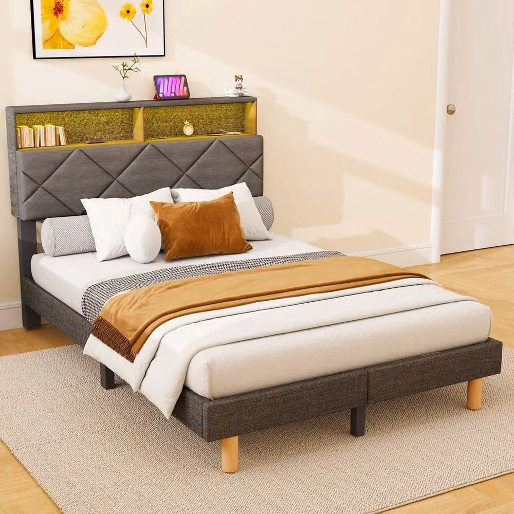 EONLION Grey Upholstered Double Bed Frame with Dimmable RGB Under-Bed Lighting, W: 140 cm, L: 200 cm – 5