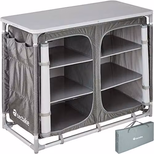 tectake Portable Camping Kitchen and Outdoor Storage Cupboard in Grey with Aluminium Frame, 6 Internal Shelves and Zipped Doors