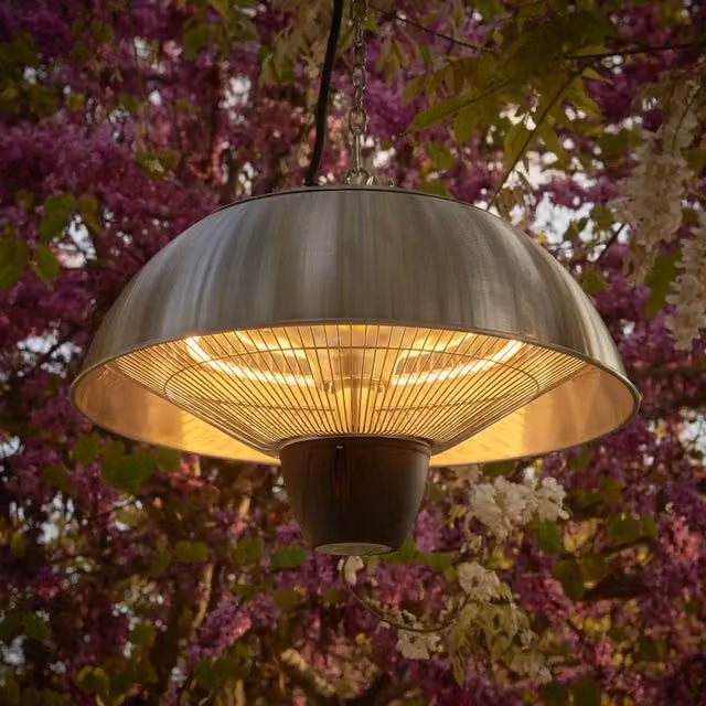 Primrose 1.5kW Electric Infrared Hanging Patio Heater with Halogen Bulb in Silver Stainless Steel