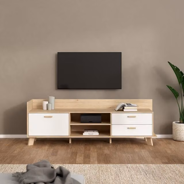Furniture To Go Ikast Modern TV Unit with 1 Door and 2 Drawers in Jackson Hickory and White