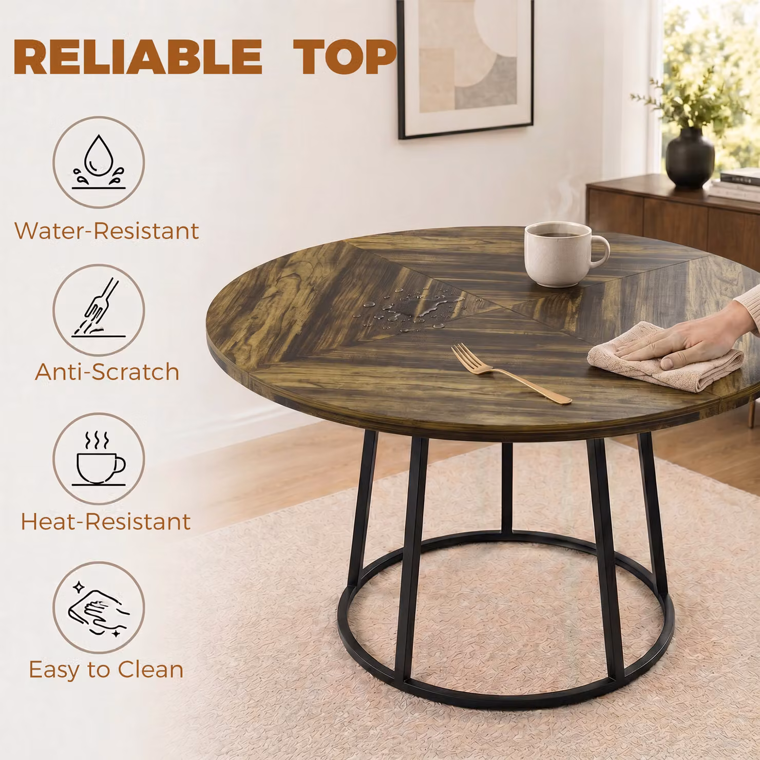 HOMCOM Round Dining Table with Spliced MDF Top and Conical Metal Base, Rustic Brown and Black, Diameter: 120 cm, Height: 75 cm – 6