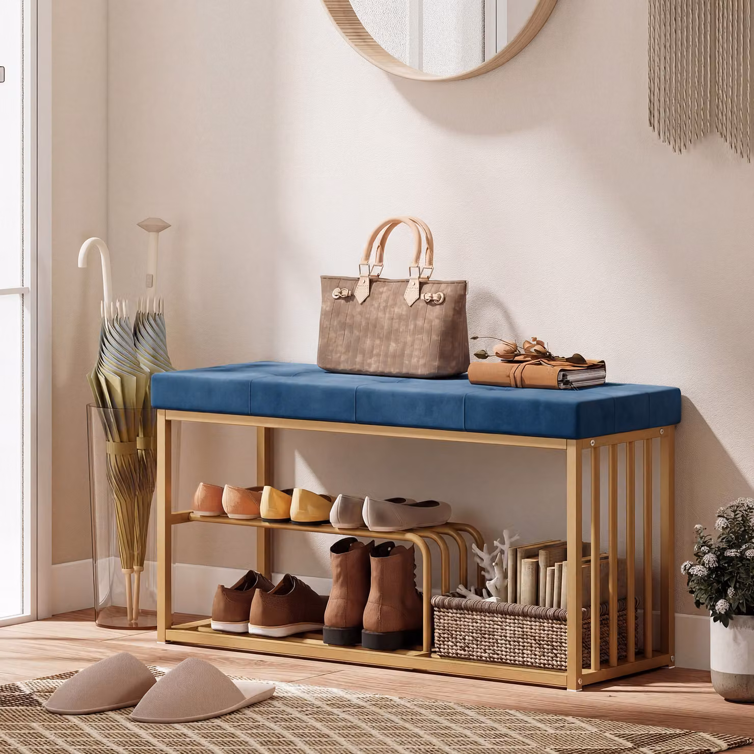 HOMCOM Tufted Velvet Shoe Storage Bench with Gold Steel Frame, Dark Blue – 2