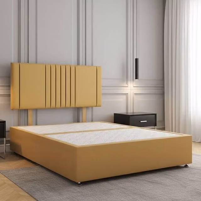 REGIONAL FURNISHINGS Mustard Yellow Plush Velvet Double Divan Bed with 24 inch Headboard (No Mattress or Drawers) W/D/H: 140 x 200 x 60.96 cm