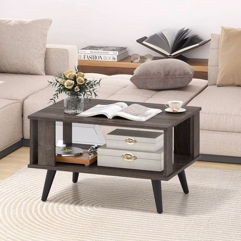 VOGREX Costway Grey 2-Tier Rectangular Wooden Coffee Table – 3