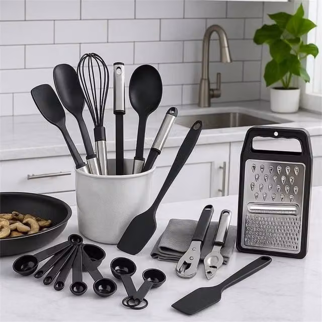 Nordara 24 Piece Black Silicone and Stainless Steel Kitchen Utensils Set
