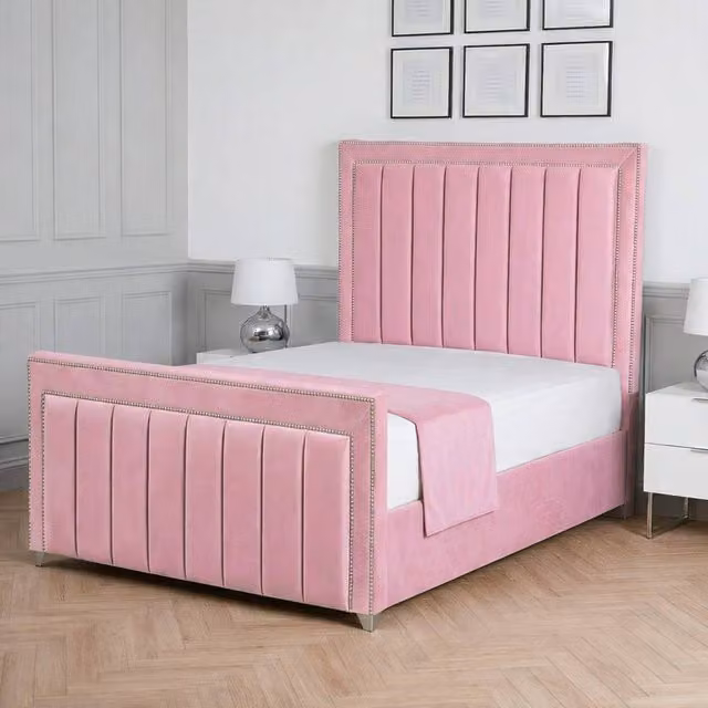Living Comfort Bedz Royale Plush Velvet Upholstered Bed with Slatted Base and 48 Inch Headboard, Pink, W/D/H: 120 x 200 cm