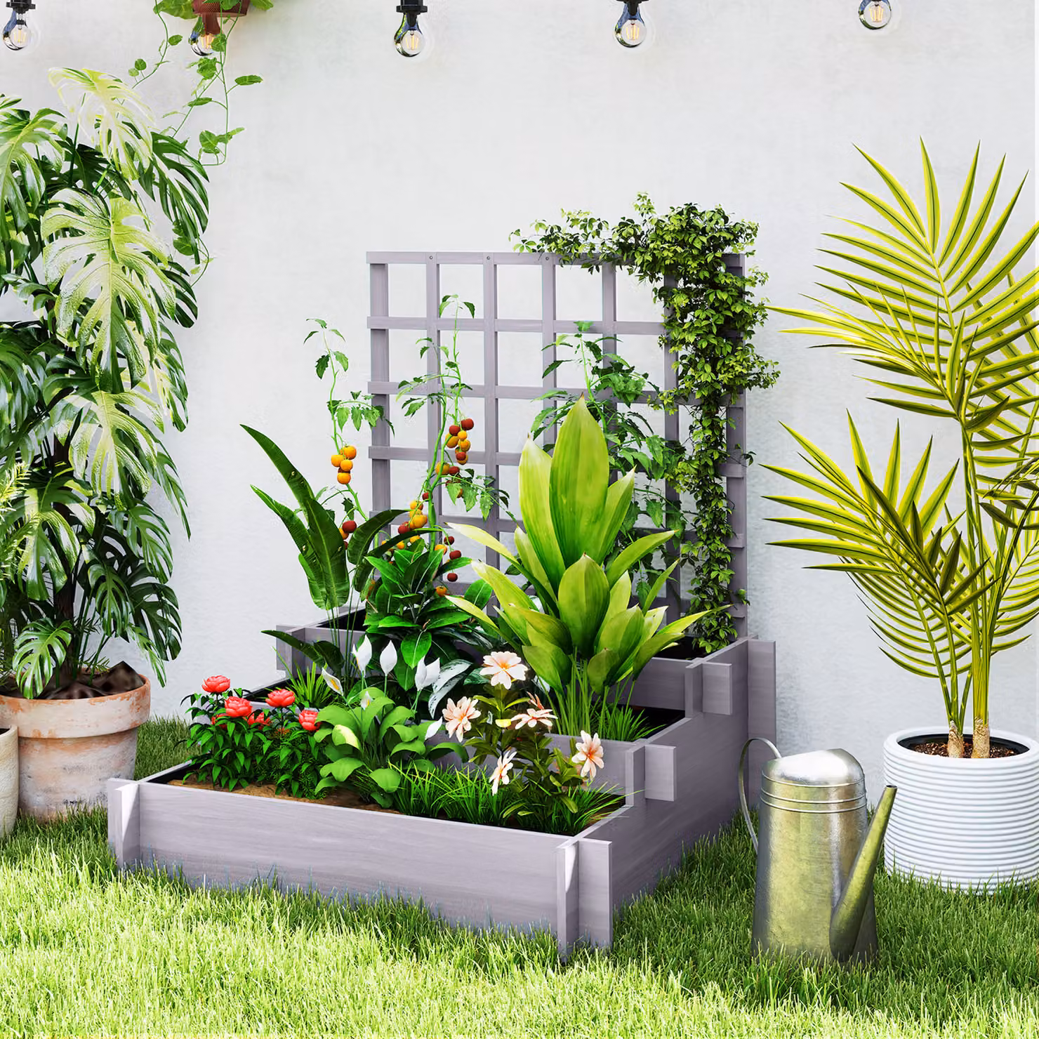 Outsunny 3 Tier Wooden Garden Planters with Trellis for Climbing Plants, Grey, W/D/H: 95 x 95 x 110 cm – 2