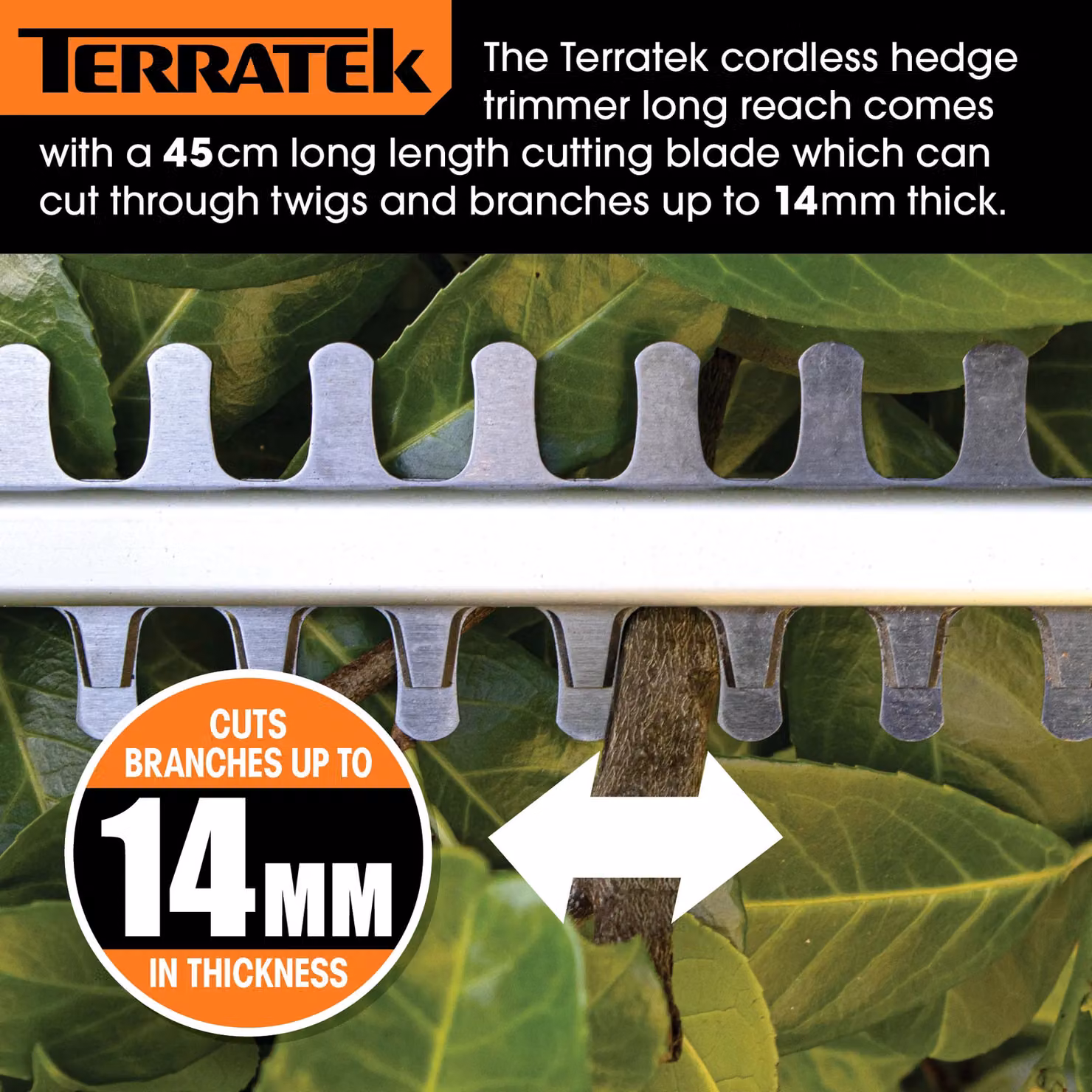 Terratek 20V 2.4m Telescopic Cordless Reciprocating Hedge Trimmer with Rechargeable Battery and Quick Charger, Orange – 4