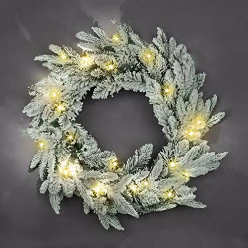 Shatchi Lapland Fir Pre-Lit Christmas Wreath in Green, White and Silver, Diameter: 55 cm